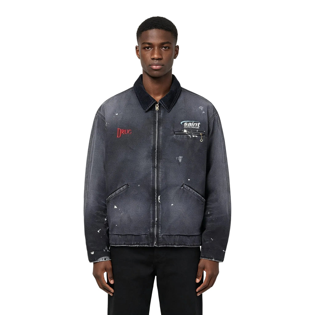 SAINT MXXXXXX - Corduroy-Trimmed Logo-Embroidered Distressed Cotton-Canvas Jacket - Black